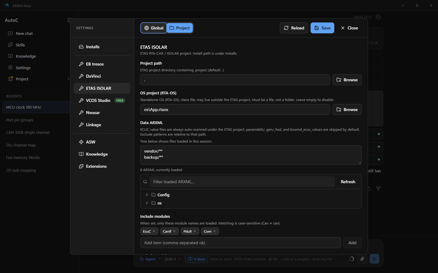 ETAS ISOLAR settings