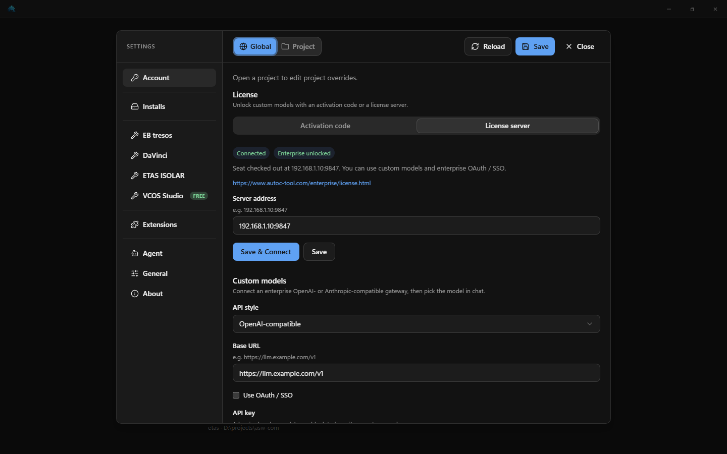 License server in Settings